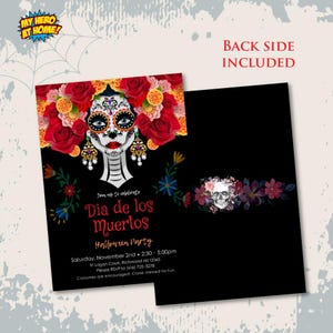 May include: A Dia de los Muertos Halloween party invitation featuring a sugar skull illustration with red and yellow roses, ornate earrings, and black background. The text reads: Join us to celebrate Dia de los Muertos Halloween Party, Saturday, November 2nd, 2:30 - 5:00pm, 91 Logan Court, Richmond Hill 12345, RSVP to (416) 705-5278.