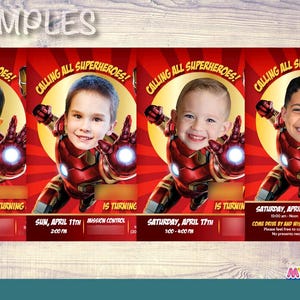 May include: Superhero-themed birthday invitations featuring children's faces superimposed on Iron Man's suit. The invitations are red with yellow accents and include the text "Calling All Superheroes!" and event details.