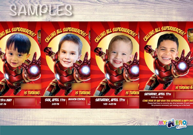 May include: Superhero-themed birthday invitations featuring children's faces superimposed on Iron Man's suit. The invitations are red with yellow accents and include the text "Calling All Superheroes!" and event details.