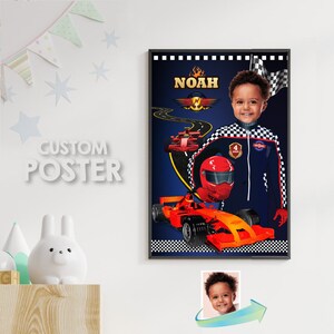 May include: A custom poster featuring a young boy dressed as a race car driver. The poster has a blue background with a checkered flag, a red race car, and the name "NOAH" in flames.