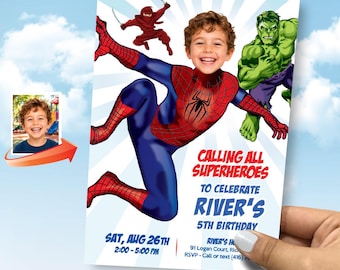Custom Calling All Superheroes Spiderman Birthday Invitation Featuring Kid as the Star. 2493IN3