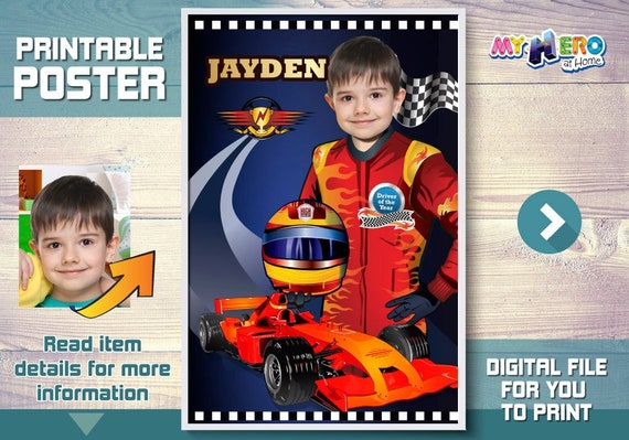 Race Car Custom Poster. Formula One Poster. Grand Prix Race Poster. Your child as a Racecar Driver to be the star of his poster. 375 Il_570xn