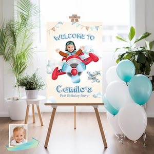Airplane Welcome sign with photo, Airplane vintage welcome sign, Airplane Birthday Sign, Airplane Party Entrance Sign. 911WS