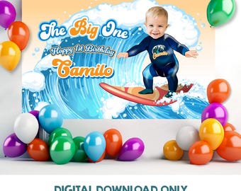 Banner Baby Surfer 1e verjaardag met foto, achtergrond The Big One 1e feest. 2357BB