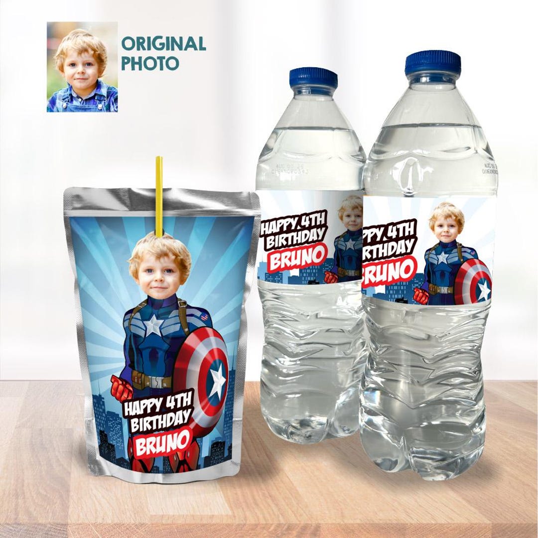 Custom Captain America Party Drinks Labels With Photo (water and Juices ...