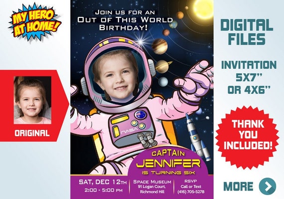 Girl Astronaut photo Invitation, Girl Astronaut Invitation, Out of this world birthday, Outer Space Invitation, Astronaut Thank you. 376C Il_570xn