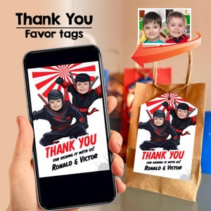 Gelenk Ninjas Dankeskarte mit Fotos, Ninjas Geschwister-Gastgeschenke mit Foto, Gelenk Ninjas Partydekor, Dankeskarte für 2 Ninjas. 2146TY