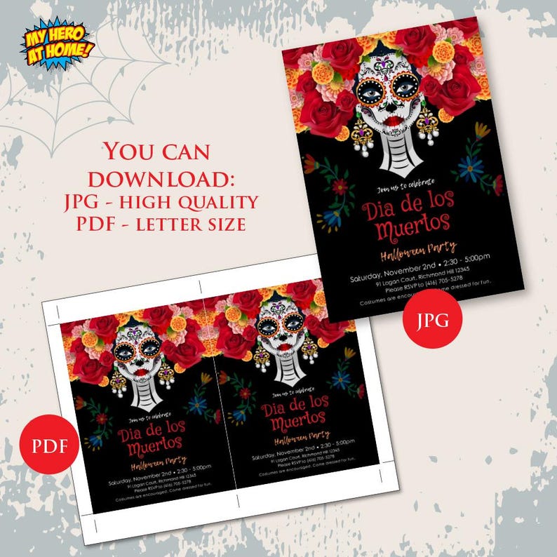 May include: A Dia de los Muertos Halloween party invitation featuring a sugar skull illustration with red and orange flowers, gold earrings, and black background. Text includes: Join us to celebrate Dia de los Muertos Halloween Party, Saturday, November 2nd, 2:30-5:00pm, 91 Logan Court, Richmond Hill 12345, Please RSVP to (416) 705-5278.