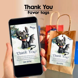 May include: A smartphone displays a "Thank You" favor tag design featuring a cartoon dragon. The tag is also attached to a brown paper gift bag. The tag reads "Thank You!" with a personalized message and name.