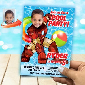Custom Iron Man Pool Party Invitation template with kid as the star (Digital). 708IN