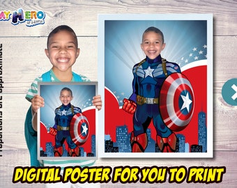 Captain America Print with photo, Captain America kids bedroom decor, Custom Captain America Gifts with photo, Captain America Party. 476