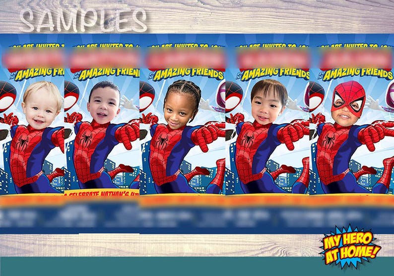 K&ouml;nnte beinhalten: F&uuml;nf druckbare Einladungen mit einem Comic-Spiderman-Charakter in einem rot-blauen Anzug. Jede Einladung hat einen Platz f&uuml;r ein Kinderfoto. Der Text auf den Einladungen lautet "Du bist eingeladen zu... Erstaunliche Freunde".