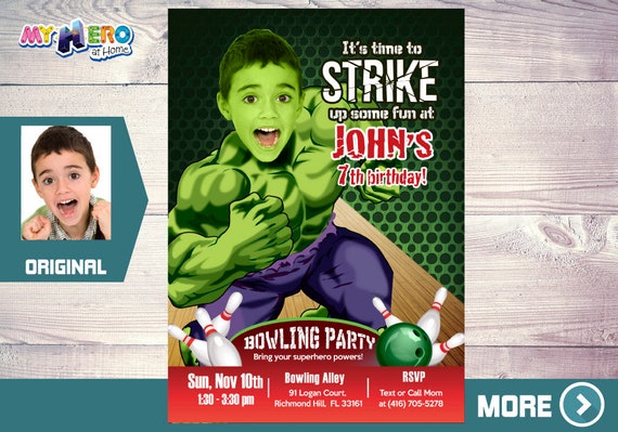 Bowling Party Hulk Invitation. Avengers Bowling Party. Bowling party themed Hulk. Hulk Bowling Party Ideas. Fiesta de Bolos tema Hulk. 144 Il_570xn