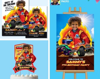 Personalisierte Monster Truck Geburtstagsparty Bundle mit Kind als Stern, Einladung, Kuchen, Willkommen. 2000B2