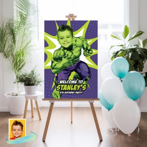 Letrero de bienvenida de Hulk personalizado con foto, fiesta de bienvenida de Hulk, letrero de cumpleaños de Hulk, impresión de entrada a la fiesta de Hulk, letrero de bienvenida con temática de Hulk 089WS