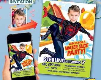 Miles Morales Water Slide template, Miles Morales invite with photo, Miles Morales water party invitation, Spider-verse Water Slide. 750