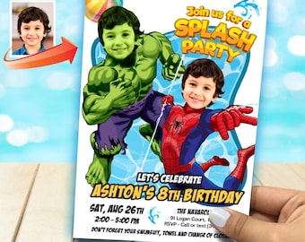 Custom Pool Splash Party Invitation with Birthday Kid as Spiderman and Hulk. 2477B2