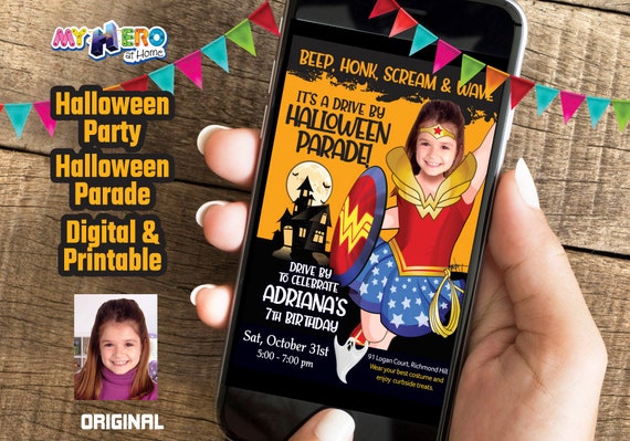 Wonder Woman Digital Invitation. Wonder Woman Halloween Party. Drive By Hallowen Parade. Super hero girls Halloween Parade. 466E Il_570xn