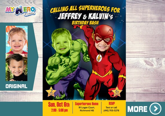 Flash and Hulk Invitation. Superheroes Brothers Invitation. Superheroes Siblings Birthday. Joint Superheroes Party. Hulk and Flash Party 183 Il_570xn
