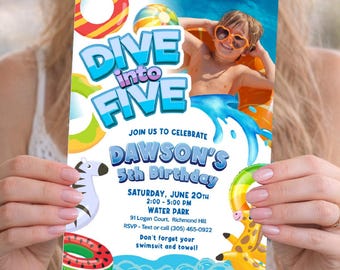 Custom 5th Boy Birthday Pool Party Invitation With Photo, Dive into Five template. 2448IN5