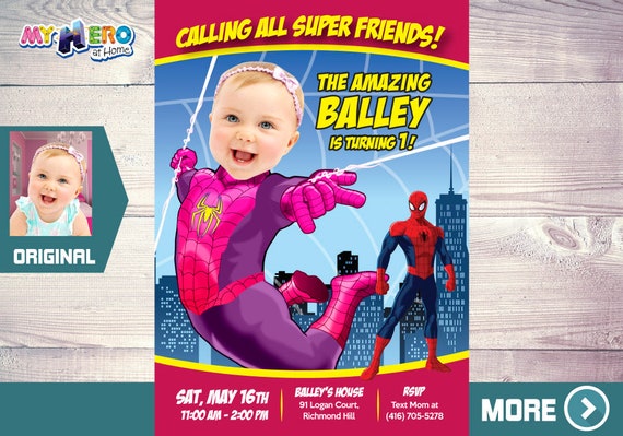 Baby Spider-Girl Birthday Invitation, Spider-Girl First Invitation, Pink Spider-woman 1st Birthday, Spider-girl First Birthday. 391B Il_570xn