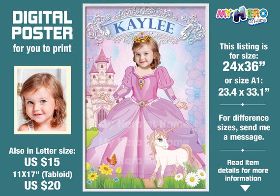 Princess Poster, Pink Princess Poster, Princess Unicorn Poster, Princess Decor, Princess Wall, Custom Princess Gifts. 514 Il_570xn