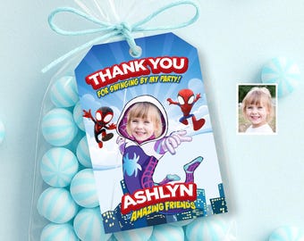 Ghost Spidey Thank You and Favor Tags with girl as Gwen Stacy. 2039TY2