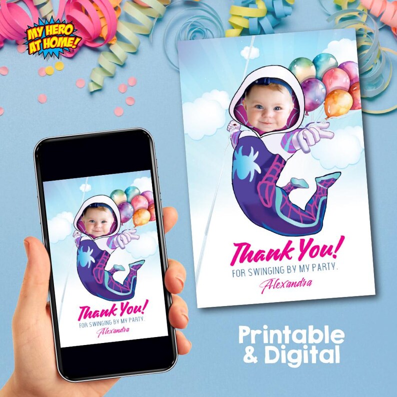 May include: A printable thank you card with a cartoon image of a child dressed as Spider-Man swinging from balloons. The text on the card reads "Thank You! For swinging by my party. Alexandra".