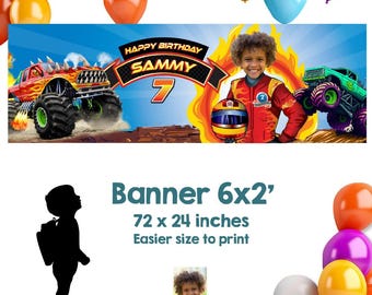 Monster Truck birthday party banner decoration with your child as the star. (6x2', Horizontal). 2000BBH