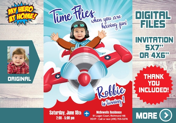 Airplane Invitation, Airplane theme party, Time Flies Invitation, Vintage Plane Invitation, Airplane thank you, Airplane party favors. 547C Il_570xn