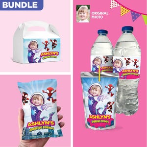 Bundle Gwen Stacy snacks labels, Spidey Gwen Stacy water wrappers and Juice pouch, Gwen Stacy Chip bags, Spidey girl Gwen gift boxes. 2039B3
