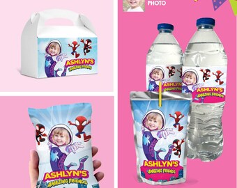 Etiquetas para snacks de Gwen Stacy. Paquete con foto: etiquetas para bebidas, bolsas de patatas fritas y cajas de regalo. 2039B3