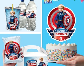 Set of matching items for a Captain America themed table Party with photo. 075B1