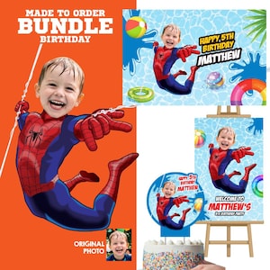 Pu&ograve; includere: Un pacchetto di compleanno con un bambino vestito da Spider-Man. Il design include un poster, un cake topper e uno striscione con la scritta "Happy 5th Birthday Matthew". Lo sfondo &egrave; arancione e blu.