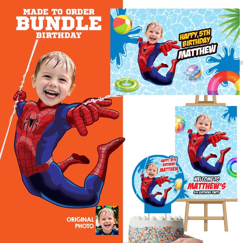 Pu&ograve; includere: Un pacchetto di compleanno con un bambino vestito da Spider-Man. Il design include un poster, un cake topper e uno striscione con la scritta "Happy 5th Birthday Matthew". Lo sfondo &egrave; arancione e blu.