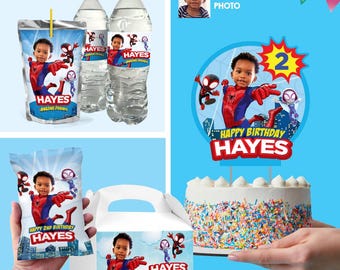 Spidey Birthday Party Set, Personalized Cake Topper, Labels, favors, drinks. 740B1
