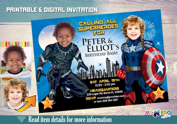 Captain America and Black Panther Birthday Party Invitation. Siblings Superheroes Birthday Ideas. Joint Avengers Birthday Party Ideas. 163 Il_570xn