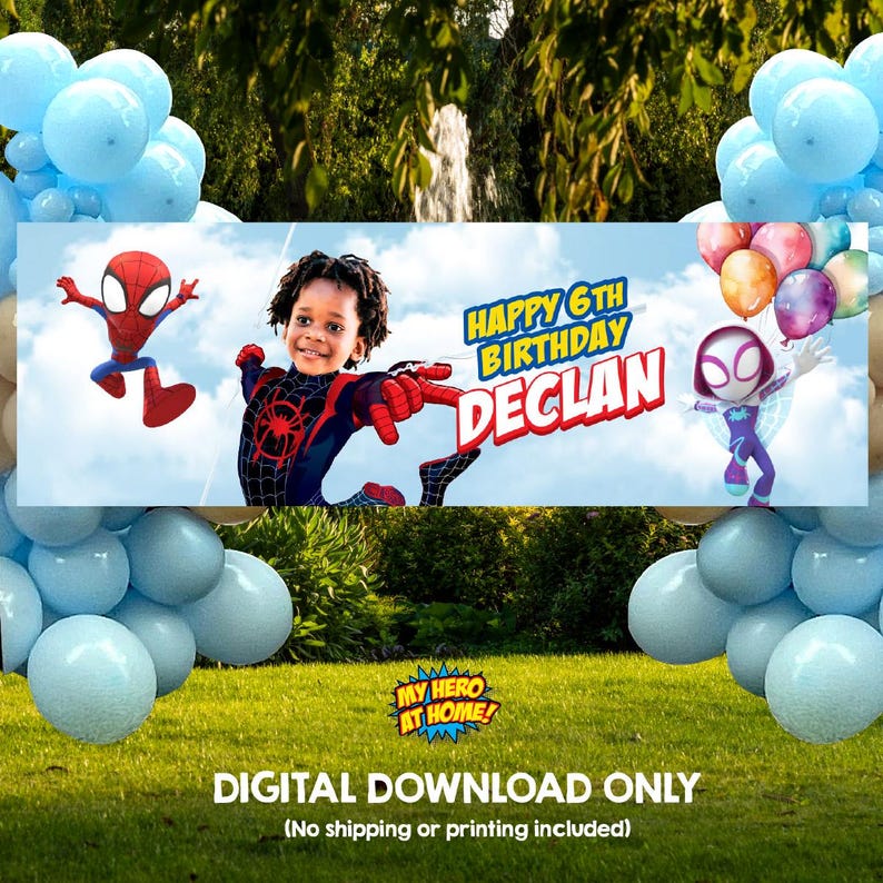 May include: A rectangular birthday banner featuring a blue sky background with clouds, a cartoon Spider-Man, a cartoon Spider-Gwen, and a child in a Spider-Man costume. The text reads HAPPY 6TH BIRTHDAY DECLAN in bold yellow and red letters.