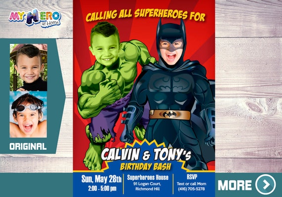 Batman and Hulk Party Invitation. Superheroes Brothers Invitations. Super Siblings Invitation. Joint Superheroes Birthday Ideas. 152 Il_570xn