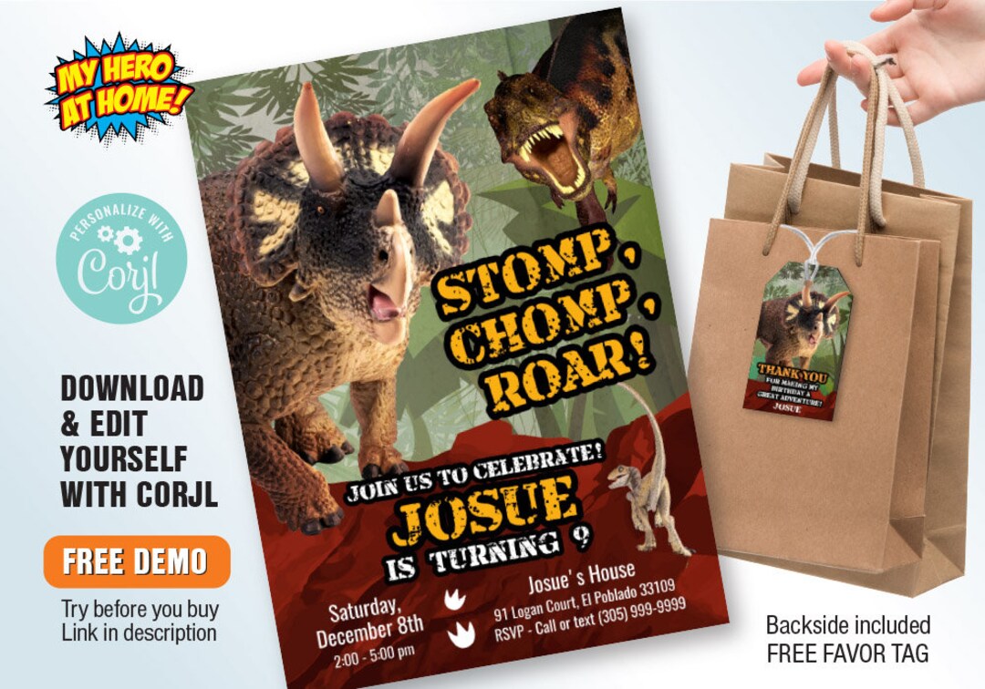 Editable Triceratops Invitation, DIY Dinosaurs Invitation, Triceratops Invitation, Triceratops