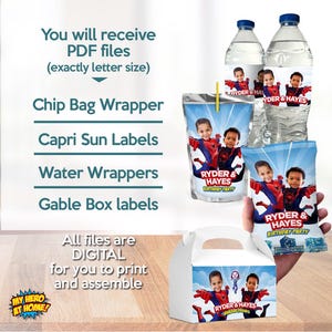 May include: Digital printable party supplies featuring a superhero theme. Includes water bottle wrappers, chip bag wrappers, Capri Sun labels, and gable box labels. The text reads "Ryder & Hayes Birthday Party" and "My Hero at Home!"