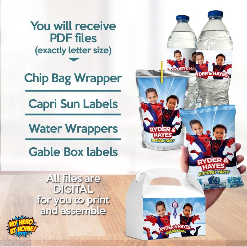 May include: Digital printable party supplies featuring a superhero theme. Includes water bottle wrappers, chip bag wrappers, Capri Sun labels, and gable box labels. The text reads "Ryder & Hayes Birthday Party" and "My Hero at Home!"