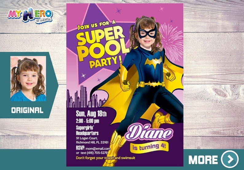 Batgirl Pool Party Invitation Batgirl Water Party DC hero super girls Party 354 Batgirl Invitation Batgirl Pool Party Birthday