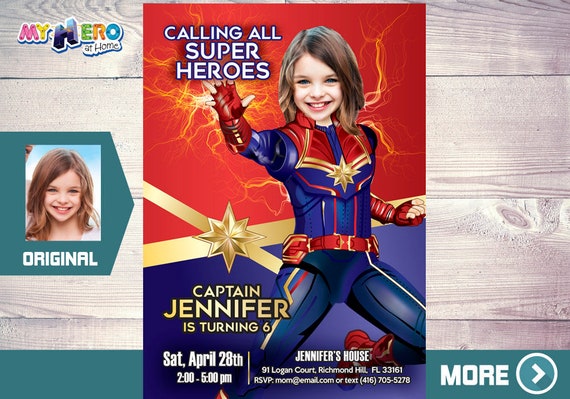Captain Marvel Birthday Invitation. Captain Marvel Party Ideas. Invitación de Capitana Marvel. Avengers Endgame Birthday Ideas. 288 Il_570xn