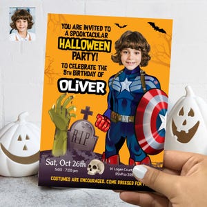 Halloween Captain America birthday invite, Halloween Captain America template, Captain America hallowen party evite. 466FB