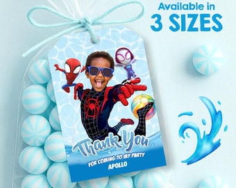 Miles Morales Splash Party Thank You, Favors Tags with photo (3 sizes included). 2453TY3