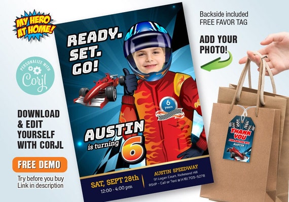 Racing Car Invitation with photo, Editable Racing Car Invitation, Race Car pary Invitation, Race Car tags. 1020 Il_570xn