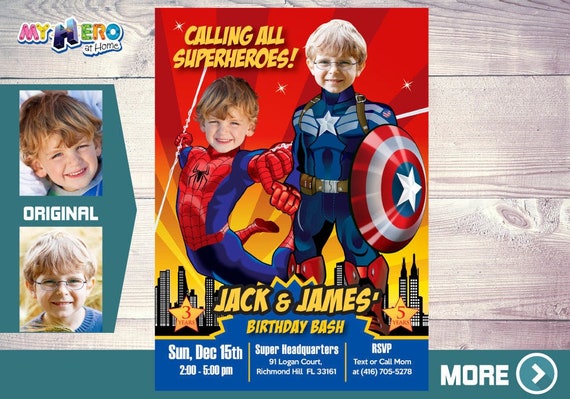 Spiderman and Captain America Invitation. Superheroes Siblings Invitation. Avengers Siblings Party. Joint Avengers Birthday. 197 Il_570xn