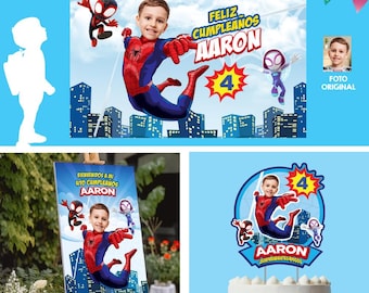 Bundle para fiesta temática de Spidey con su niño como protagonista, Spidey cake topper, Letrero de Bienvenida, Banner Background. 2282B4