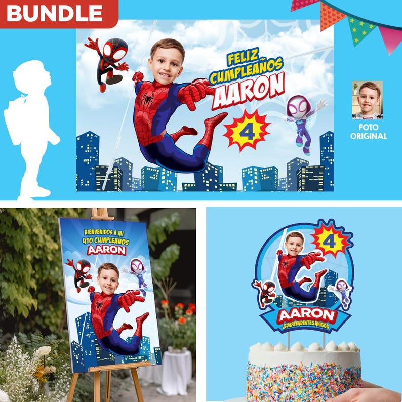 K&ouml;nnte beinhalten: Ein Geburtstags-Party-Paket mit Spiderman-Motiv. Das Paket beinhaltet eine Kulisse mit einem Foto eines Kindes, das als Spiderman verkleidet ist, ein Willkommens-Schild mit einem Foto des Kindes und einen Kuchentopper mit einem Foto des Kindes. Die Kulisse und das Schild zeigen den Text "Feliz Cumpleanos Aaron" und "Bienvenidos a mi 4to Cumpleanos Aaron". Der Kuchentopper zeigt den Text "Aaron Superheroes Amigos".